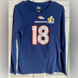Large-Ladies Majestic Long Sleeve Shirt-Denver Broncos-#18 Manning-SuperBowl 50